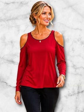 Calvin Klein Red Cold Shoulder Top Blouse Black Trim Stretchy Size M